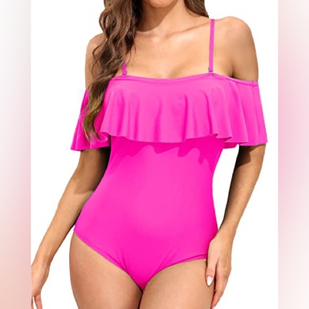 Tempt Me Off Shoulder Ruffled Retro Flounce Printed 1 Piece Neon Pink